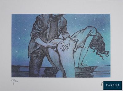 drawing of a man helping a woman with her leg