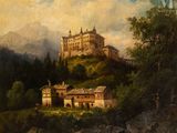 une image représentant un tableau d'un château au sommet d'une colline