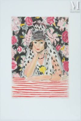 tableau représentant une femme coiffée d'un chapeau et vêtue d'une robe, assise à une table