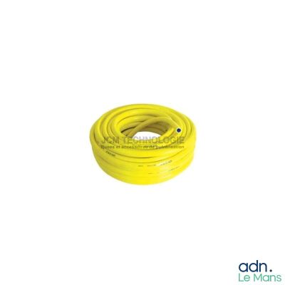 a close up of a yellow hose on a white background