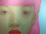 a painting of a woman with pink hair and red lipstick