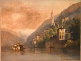 tableau représentant une scène fluviale avec des bateaux et des bâtiments en arrière-plan