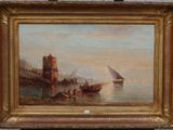 une peinture à l'huile représentant un bateau sur un plan d'eau, avec un château en arrière-plan
