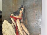tableau représentant une femme en robe rouge assise sur un lit