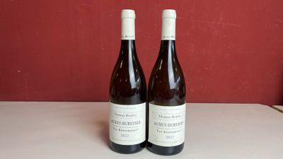 deux bouteilles de vin posées sur une table devant un mur rouge