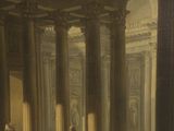painting of an old building with a lot of columns and people sitting on the steps