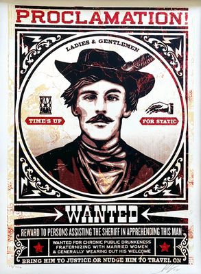une vieille affiche représentant un homme moustachu coiffé d'un chapeau de cow-boy