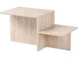 two wooden tables with one sitting on top of the other