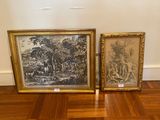 two framed pictures of a man and a woman in a wooded setting