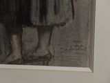 a drawing of a woman in a black dress and a man in a white shirt