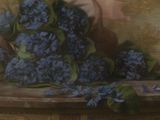a painting of a basket of blue flowers on a table