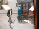 un tableau représentant un homme marchant dans la rue avec un parapluie