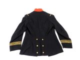 a black jacket with gold buttons and a red collar