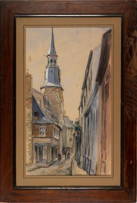 painting of a church steeple on a city street in a wooden frame