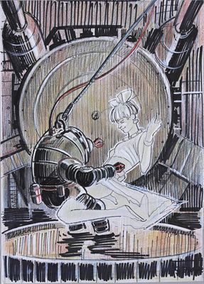 drawing of a woman sitting in a barrel with a gun in her hand