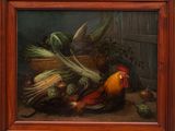 un tableau représentant un coq et des légumes posés sur une table