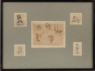 drawing of a group of people in various poses in a black frame