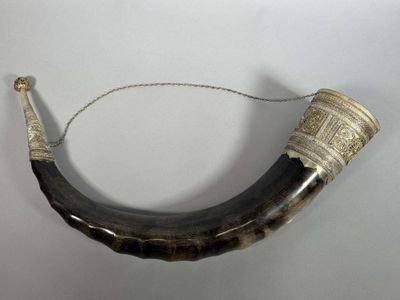 a large horn with a chain hanging from it ' s side