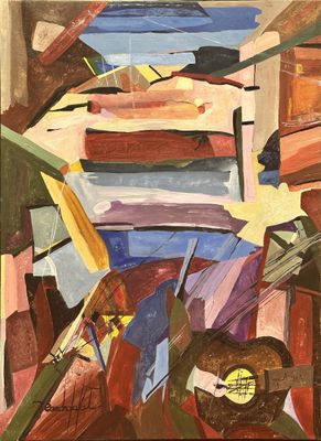 an image of a painting of a man playing a guitar in a room