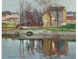 painting of a painting of a house by a river with a bridge