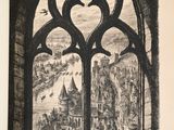 drawing of a view of a city from a window of a church
