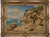 an oil painting of a rocky cliff with a view of the ocean