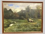 a painting of cows grazing in a field by a stream