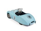 a blue toy car with a steering and steering wheel on a white background