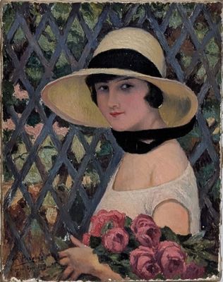 tableau représentant une femme coiffée d'un chapeau de paille et tenant un bouquet de fleurs
