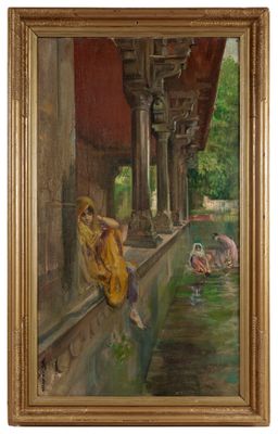 une peinture à l'huile représentant une femme assise sur un rebord au bord d'un plan d'eau
