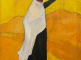 une peinture à l'huile représentant une femme portant un panier sur la tête