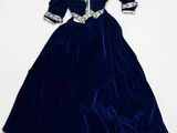 blue velvet evening dress with silver beading and sleeves