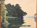 une peinture à l'huile représentant un lac avec des arbres au premier plan