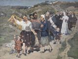un tableau représentant un groupe de personnes marchant sur une route