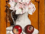 a painting of a vase of flowers and apples on a table