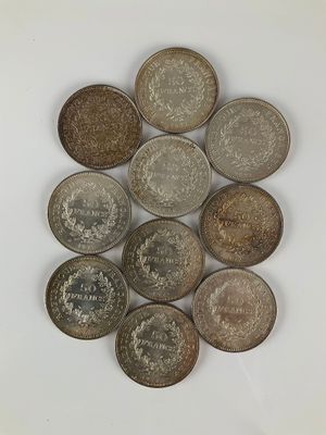 FRANCE, Ve République. 10 pièces de 50F argent type Hercule,…