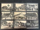 several old black and white photos of people and horses in a town
