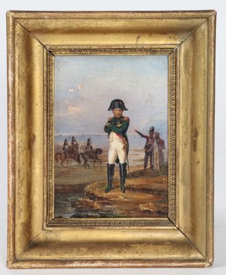 une peinture à l'huile représentant un homme en uniforme debout sur une plage