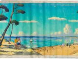 tableau représentant une scène de plage avec des palmiers et des personnes se promenant sur la plage