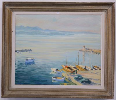 a painting of boats on the water by the shore