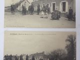 two pictures of people riding horses in the street