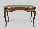 un petit bureau avec un plateau en marbre et deux tiroirs