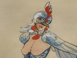 un dessin représentant une femme en costume, avec un oiseau sur la tête