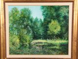 an oil painting of a river with trees in the background