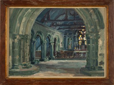 an oil painting of a church with arches and a stained glass window