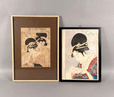 deux estampes japonaises encadrées représentant une femme et une geisha