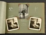 an old photo of a man standing in front of a book