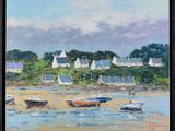 a painting of boats on the water in a harbor