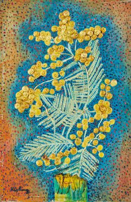tableau représentant des fleurs jaunes dans un vase vert sur fond bleu
