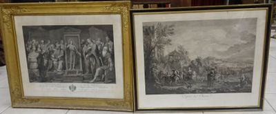 two framed prints of a couple of men standing next to each other
